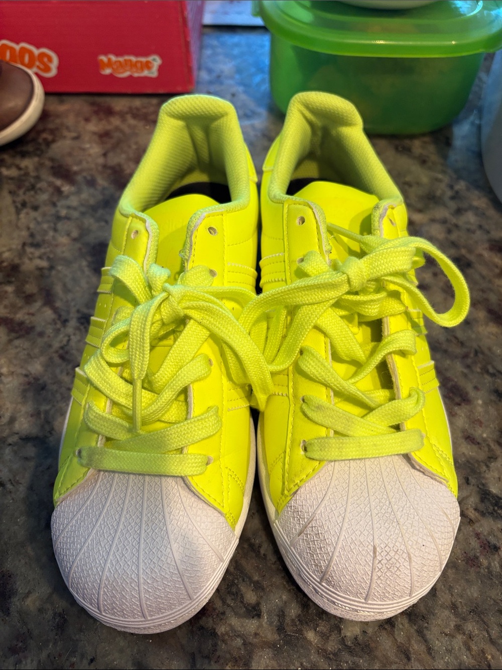 adidas Kids Neon Yellow Lace-Up Sneakers with White Shell Toe